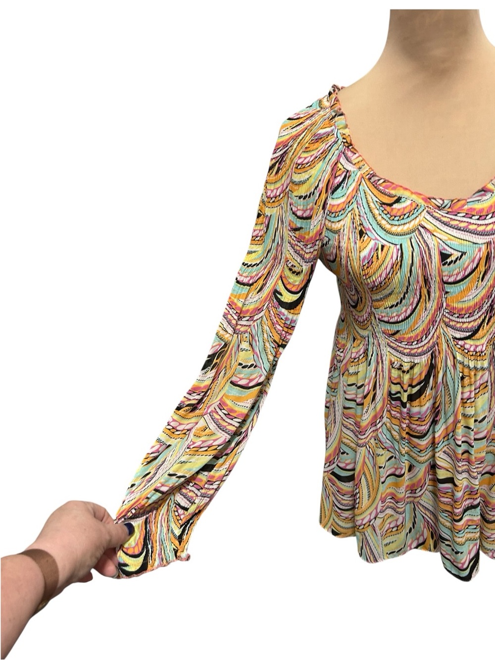 Melissa Paige Long Ruffled Sleeve Babydoll Blouse Pleated Scoop Neck Size Medium - Picture 2 of 9